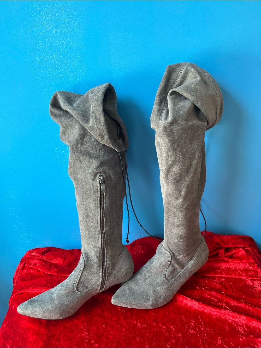 Over-the-Knee Pointed Toe Suede Boots in Gray